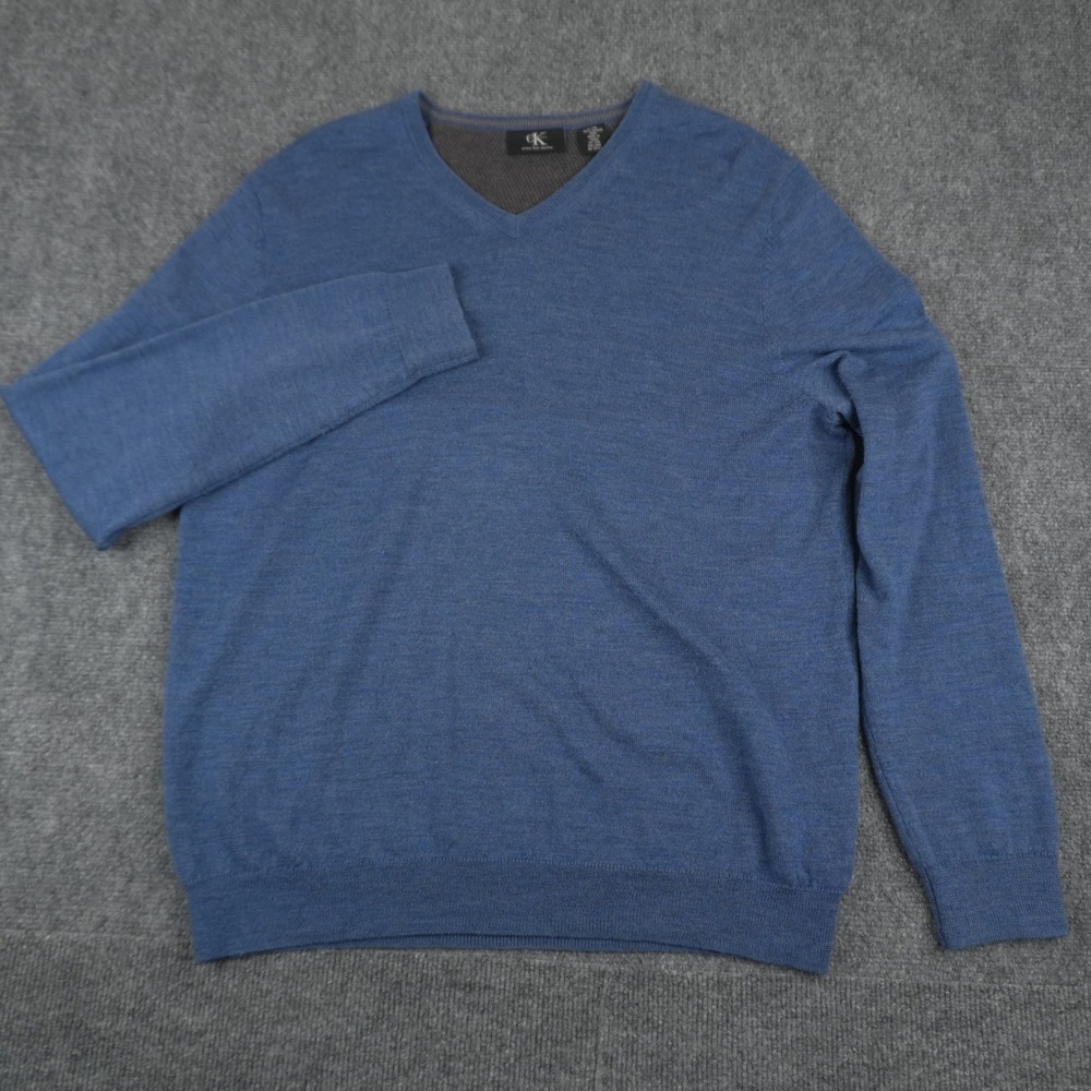 Calvin Klein V-Neck Sweater Mens Large Blue Extra Fine 100% Merino Wool